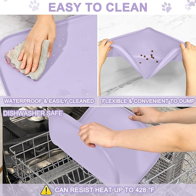 Smilool Silicone Pet Food Mat with Raised Edge for Food and Water Bowl, Dog Feeding Mats, Cat Food Trays for Floor Waterproof, Rubber Tray for Dogs and Cats, 22 x 14 x 0.8 Light Purple