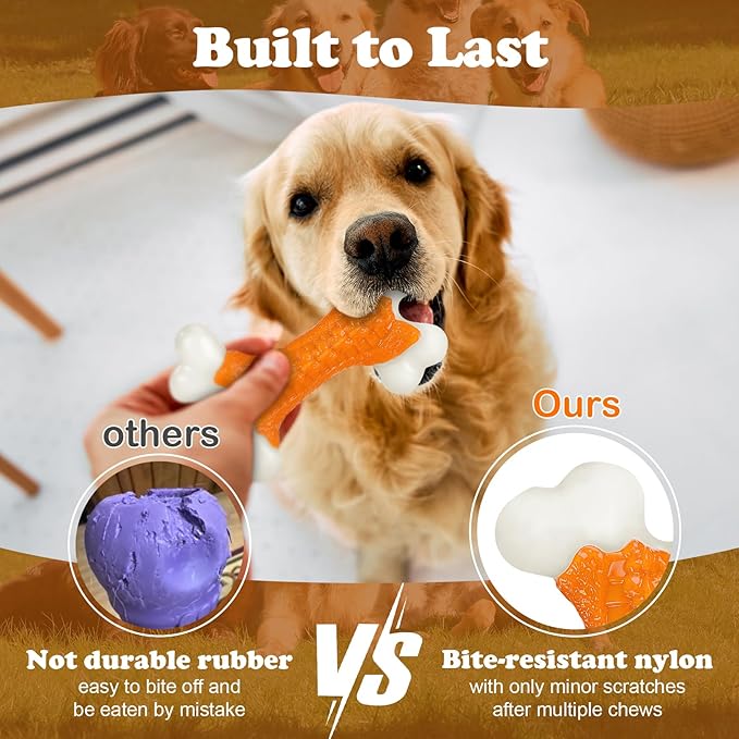 Kseroo Indestructible Dog Toys for Aggressive Chewers: Peanut Butter Flavored Hard Nylon Bone Chew Toys, Tough Dog Chew Toys for Large Dogs, Dog Toys to Keep Them Busy for Medium Large Breed, Orange