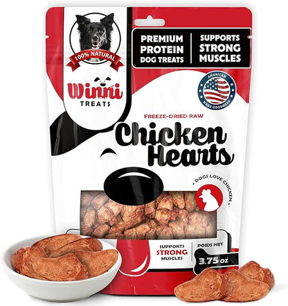 Winni Treats Freeze Dried Chicken Hearts for Dogs - Single Ingredient, Preservative-Free, Premium Chicken Hearts, High in Protein for Strong Muscles, Low in Fat, Healthy Dog Treats (3.75 Ounces)