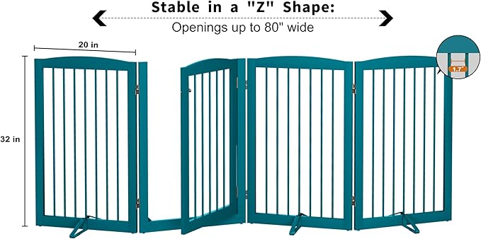 PUPETPO Freestanding Dog Gates with Door Walk Through, Pet Gate for Stairs, 80 inch Wide Gates Indoor, Dog Fences Indoor, Support Feet Included, 4 Panels, 32" Tall, Blue
