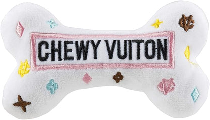 Haute Diggity Dog Chewy Vuiton Bone Plush Squeaky Dog Toy, Soft Durable Designer-Inspired Stuffed Puppy Chew Toys for Small & Medium Dogs, Machine-Washable (White) Small