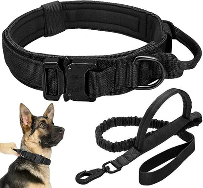 Tactical Dog Collar Leash Set, Adjustable Military Training Nylon Collar Dog Training with Control Handleand Metal Buckle, Dog Collar for Medium Large Dogs (Black,L)