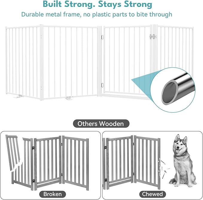 No Pawblems Free Standing Dog Gate with Door, 36'' Tall Foldable Dog Fence for Indoor & Outdoor, Up to 104 Inch Extra Wide Puppy Gate for Stairs, Hallways, Doorways, Deck, Yard (White, 4 Panels)