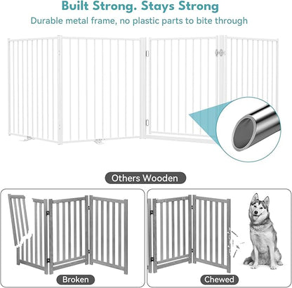 No Pawblems Free Standing Dog Gate with Door, 36'' Tall Foldable Dog Fence for Indoor & Outdoor, Up to 156 Inch Extra Wide Christmas Tree Fence, Hallways, Doorways, Deck, Yard (White, 6 Panels)