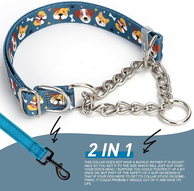 Adjustable No-Pull Dog Collar - Martingale Chain Collar with Safe Limited-Slip Design, Choker Training Collar for Medium, Large & XL Dogs(L)
