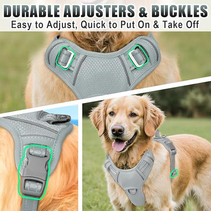 BARKBAY No Pull Dog Harness Large Reflective Dog Harness with Front Clip and Easy Control Handle for Walking Training Running with ID tag Pocket(Grey,M)