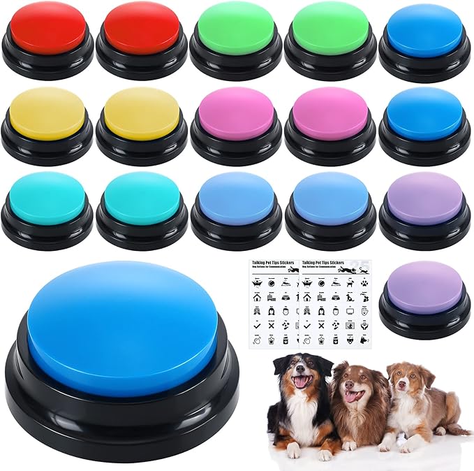Jerify 16 Pcs Voice Recordable Dog Buttons for Communication Pet Cat Talking Buttons with Stickers 30 Seconds Interactive Speech Training Buzzers for Cat Pet Dog(Classic Colors)
