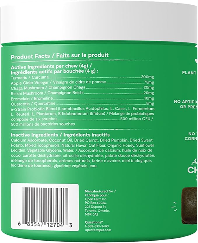 Open Farm Immune Chews, Dog Supplement with Plant-Based Ingredients and Probiotics for Immune and Skin Support, 12.7 oz, 90 Count