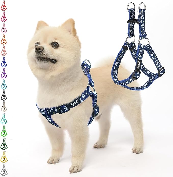 PUPTECK No Pull Dog Harness Soft Adjustable Basic Nylon Step in Puppy Vest Outdoor Walking with ID Tag, Blue Paw, M