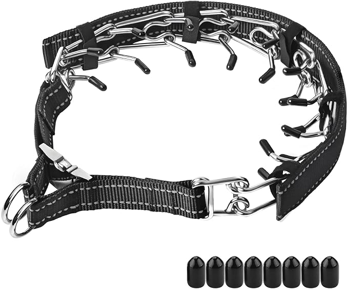 Prong Collar for Medium Dogs with Reflective Nylon Cover, Dog Pinch Collar,Dog Training Collar,High Strength Quick Release Metal Buckle,Comfort Rubber Tips (Black，3.0mm, 20-Inch)