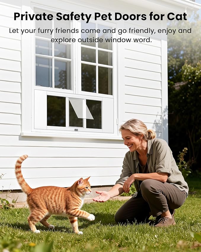 Upgraded Pet Cat Door for Window, Adjustable Width of 35"-46" Window Cat Door Insert, Quick Installation Pet Doors for Cats Small Dog with Aluminum Frame, Tight Seal, Safety & Weatherproof, HD Glass