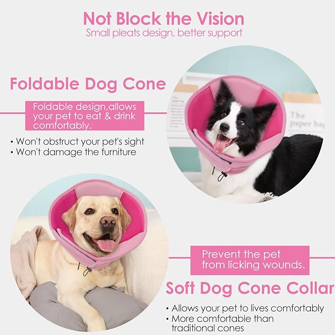 AOFITEE Dog Cone - Soft Cone for Dogs After Surgery, Comfy Cones for Large Dogs to Stop Licking, Adjustable Soft Dog Cone Collar, Elizabethan Pet E-Collar for Wound Healing, Pink Large