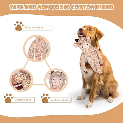 BUYPOW 2 Pack Dog Toys with Squeakers, Plush Teething Toys to Keep Them Busy, No Stuffing Crinkle Interactive Dog Animals, Cute Funny Dogs Gifts for Small Medium Large Breed (Raccoon Cattle)