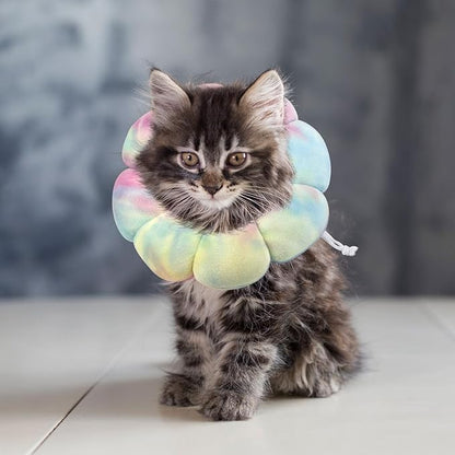 Flower Cat Cone, Uadonile Adjustable Cat Cone Collar, Soft Dog Elizabethan Collar Recovery E Collar After Surgery, Recovery E-Collar for Kittens/Puppies and Cats Recovery(Tie-dye Pink Blue, S)