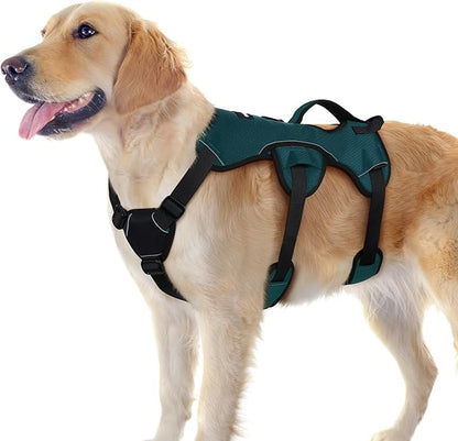 rabbitgoo Escape Proof Dog Harness, Soft Padded Full Body Pet Harness, Reflective Adjustable No Pull Vest with Lift Handle and Leash Clip for Large Dogs Walking Hiking Training, Dark Green, L