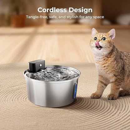 Wireless Stainless Steel Pet Water Fountain, 3.2L/108oz Automatic Cordless Water Dispenser with 3 Smart Modes, Ultra Quiet Pump, Rechargeable Battery, Multi-Filtration for Cats & Dogs
