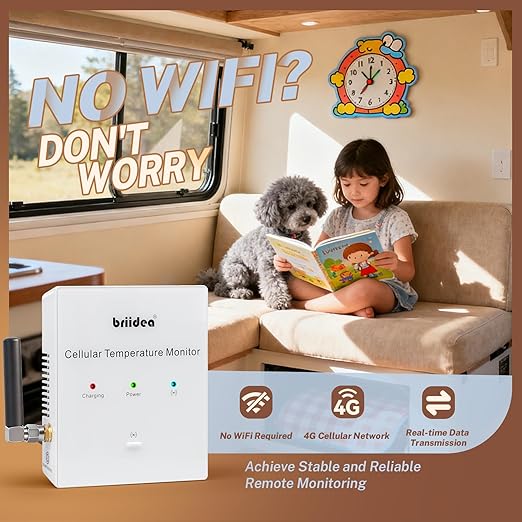 RV Pet Temperature Monitor, Briidea 4G Cellular & Temperature Humidity Sensor, No WiFi Required, 24/7 Remote Monitoring Alerts with App, for Cabin and Warehouse (1 Year Subscription Included)