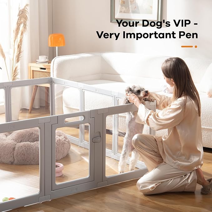 Clear Acrylic Dog Playpen Indoor, Puppy Cat Small Pet Play Pen, Pet Cat Playpen for Rabbits, Dog Fence Crate Kennel Whelping Cage (Grey, 12 Panel)