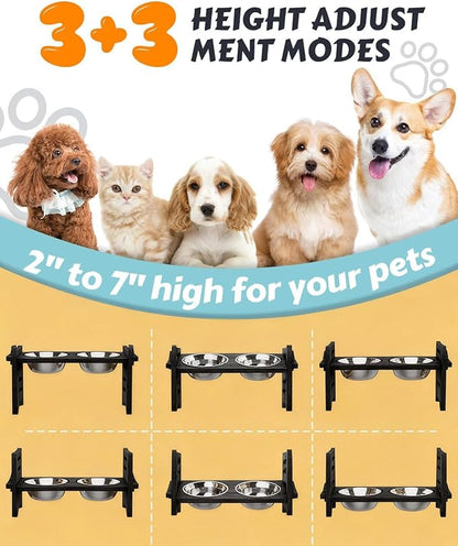 Jovrun Elevated Dog Bowls, Adjustable Raised Dog Bowl Stand for Small Size Dogs and Cats, 15°Tilted Elevated Cat Bowls, Durable Bamboo Dogs Feeder with 2 Stainless Steel Bowls and Non-Slip Feet