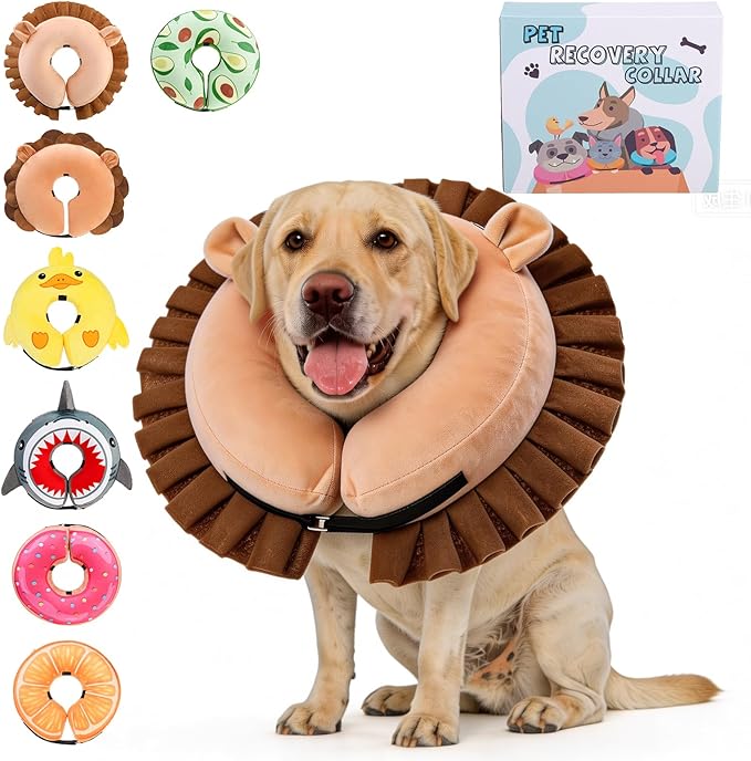KOOLTAIL Inflatable Dog Cone Collar, Soft Donut E Collar for Dogs After Surgery to Stop Licking Enhanced Alternative, Blow Up Pet Neck Pillow Recovery Adjustable Cone for Dog Cat, Lion XL