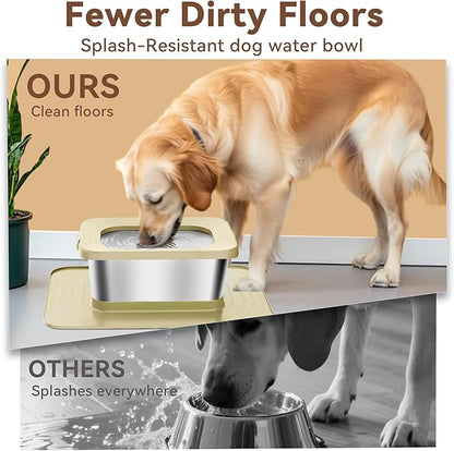 10L No Spill Dog Water Bowl, 2.6 Gal Stainless Steel No Splash Large Dog Water Bowl with Non-Slip Silicone Mat, Spill Proof Slow Drinking Pet Bowls for Messy Drinkers Indoor/Outdoor Use Beige