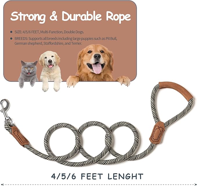 Mile High Life | Premium Leather Handle Dog Leash | Strong Rope Leash | Zinc Alloy Strong Clasp | Small Medium Large Dogs | 4/5/6 Feet(White, 60 Inch (Pack of 1))