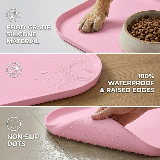 BLESWIN Non-Slip Silicone Dog Food Mat for Food and Water, 18" x 12" Raised Edge Pet Feeding Mat - Waterproof Dog Bowl Mat Easy Clean for Floor Protector,Pink