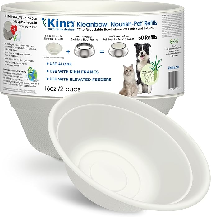 Kinn Kleanbowl Disposable Dog Food Bowls, 16 oz (Pack of 50) - Frame System Refills, Use for Travel, Boarding, or Crate, Compostable Pet Travel Bowl, No Plastic, Leakproof, Portable Dog Dish