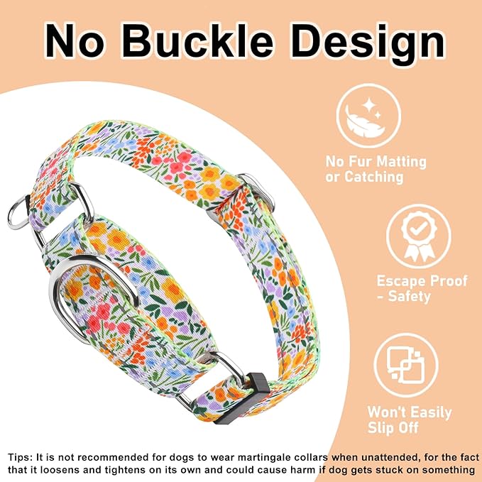 Reflective Martingale Collar for Dogs Nylon Training Collar with No Buckle Cute Floral No Pull Dog Collar for Small Dogs（Yellow Flower，S）