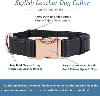 Dog Collar and Leash Set.Soft and Easy to Clean Vegan Leather with Rose Gold Metal Buckle for Small Medium Large Dogs (Black, M(13.8"-19.7"))