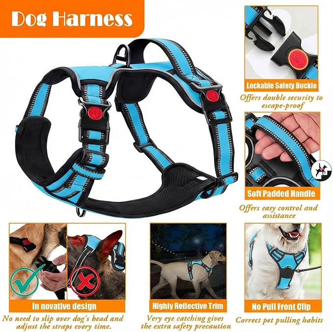 No Pull Dog Harness, Collar & Leash Set | Includes Dog Seat Belt, Collapsible Bowls & Poop Bag Dispenser. Ideal for Training, Walking, Hiking. Fits Small to Large Dogs(Blue-L)