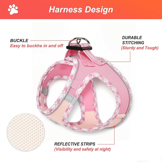 Hipubby Dog Harness Small Sized and Leash Set, No Pull Soft Mesh Puppy Vest, Reflective Breathable Lightweight Pet Harness, Harness for Small Medium Dogs and Cats - Light Pink L