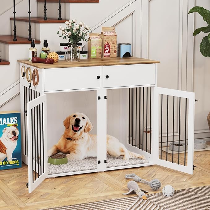 Large Dog Crate Furniture, 41 Inch Dog Kennel Indoor with Removable Divider & Double Doors, Wooden Dog Crates for 2 Dogs, Dog Crate Table for Large/Medium Dogs, White