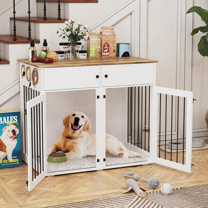 Large Dog Crate Furniture, 41 Inch Dog Kennel Indoor with Removable Divider & Double Doors, Wooden Dog Crates for 2 Dogs, Dog Crate Table for Large/Medium Dogs, White