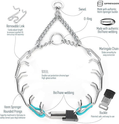 Herm Sprenger Chrome Plated Steel Dog Collar with Quick Release ClicLock Buckle and Biothane Insert Training Collar for Dogs Made in Germany (Sky Blue, 16in x 2.25mm(Neck Size up to 13-14in))