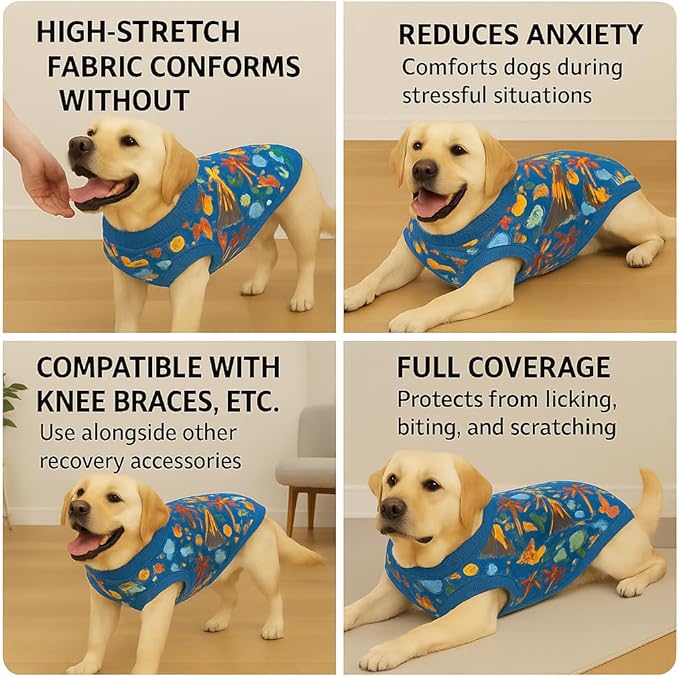 PetWarm Dog Surgical Suit, Surgery Suit for Dogs, Onesie for Dogs, Anti-Licking Dog Surgical Recovery Pajamas, Bodysuit for Abdominal Affected Areas Sensitive Skin Areas, Zoo Pattern, Blue, 2XL