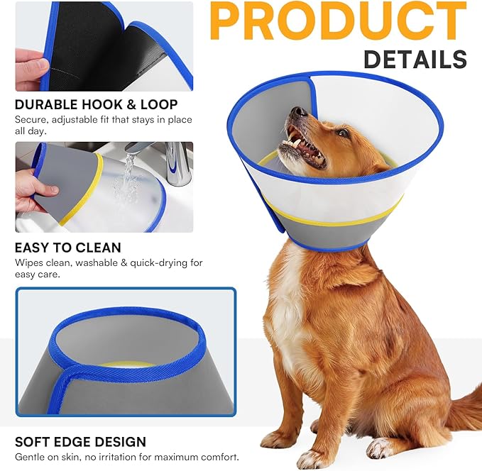 Queenmore Dog Cones for Large Dogs Soft Pet Recovery Collar After Surgery, Adjustable Dog Neck Cone Surgical Elizabeth E-Collar Prevent Biting and Stop Licking Wound, Blue XL