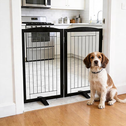 ZJSF Freestanding Dog Fence Indoor, Foldable Dog Gate for Doorways, Stairs or Hallways, Sturdy Wood Extra Wide Pet Gate with Support Feet for The House, Black, 32 "Height-2 Panels