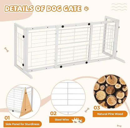COZIWOW 38" -67" Dog Gate Indoor, Pet Gates for Doorways No Drilling, Wooden Free Standing Doggie Fence for Stairs, Safety for Small to Medium-Sized Dog,White