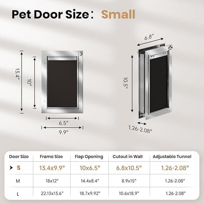 Cat Door, All Aluminum Small Dog Doggy Doggie Door for Install in Interior Exterior Doors or Wall, Heavy Duty Pet Door, 2 Magnetic Flaps, Energy Efficient, Closing Panel for Pets Up to 22Lb