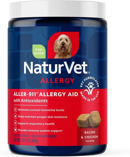 NaturVet Aller-911 Advanced Allergy Aid for Dogs, Cats – Antioxidant-Rich Pet Supplement with Omegas, DHA, EPA – Helps Support Dog Immune System, Cat Respiratory Health, Skin Moisture 180 Soft Chews