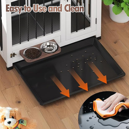 31.5" Dog Crate Furniture - Wooden Dog Kennel with 360° Rotating Feeder & Removable Tray | Indoor Multi-Functional End Table for Medium & Small Dogs, White Dog Cage, Portable Pet Furniture