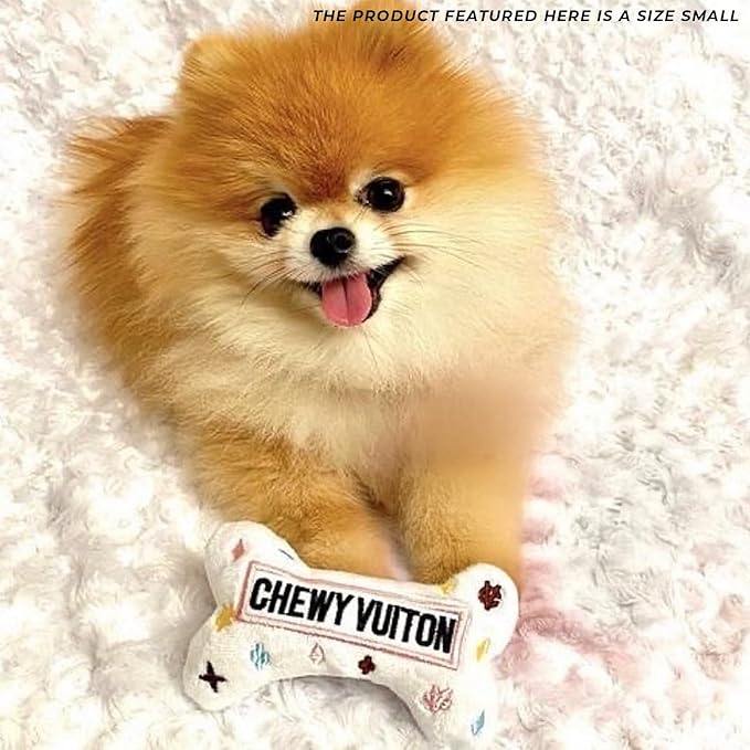 Haute Diggity Dog Chewy Vuiton Bone Plush Squeaky Dog Toy, Soft Durable Designer-Inspired Stuffed Puppy Chew Toys for Small & Medium Dogs, Machine-Washable (White) Small