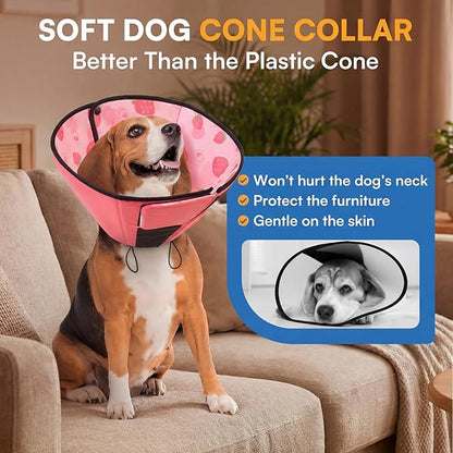 Queenmore Dog Cones for Medium Dogs, Dog Cone Collar After Surgery, Soft Cone for Dogs Wound Care, Spay, Neuter, Breathable Pet Surgery Collars & Cones, Strawberry M