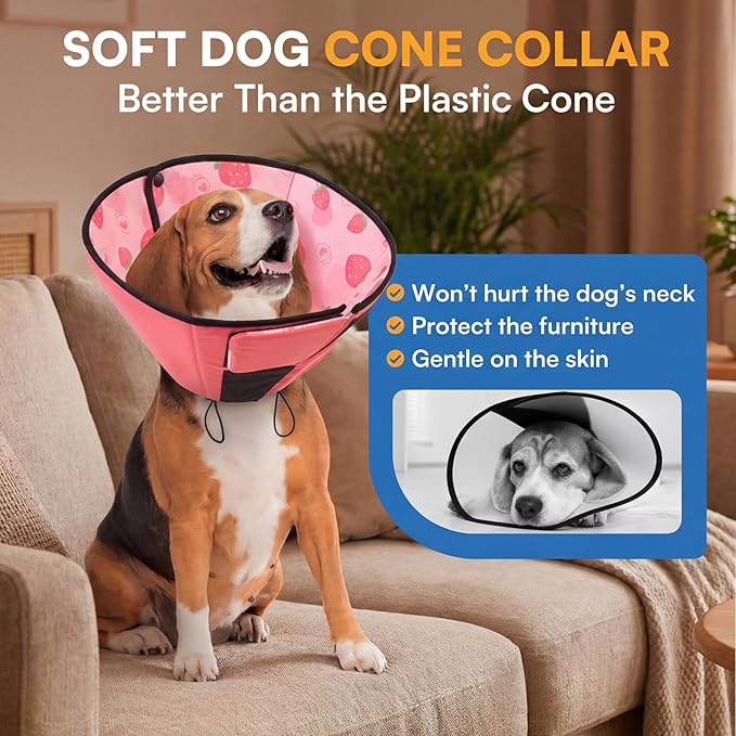 Queenmore Dog Cones for Large Dogs, Soft Dog Cone, Cone for Dogs to Stop Licking After Surgery, Adjustable Elizabethan Collar for Pet to Prevent Licking Wounds, Strawberry L