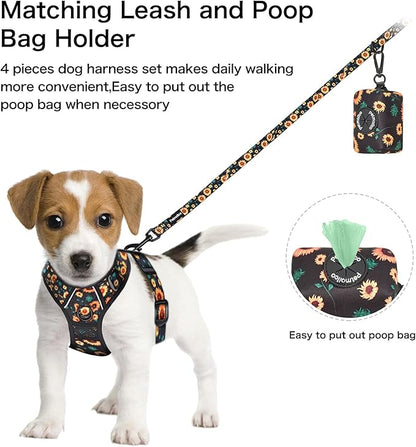 Petmolico No Pull Dog Harness Set, 2 Leash Attchment Easy Control Handle Reflective Vest Dog Harness Breed, Small Dogs Harness and Leash Set with Poop Bag Holder(S, Sunflower)