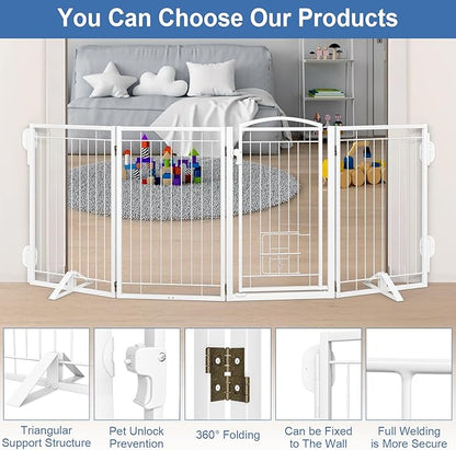 Metal Freestanding Dog Gate with Cat Door for Indoor/Outdoor,80" Extra Wide Foldable Pet Gate,32" Tall Foldable Indoor Dog Fence for Large Openings Stairs,Deck,Yard,Doorways(4 Panels,White)