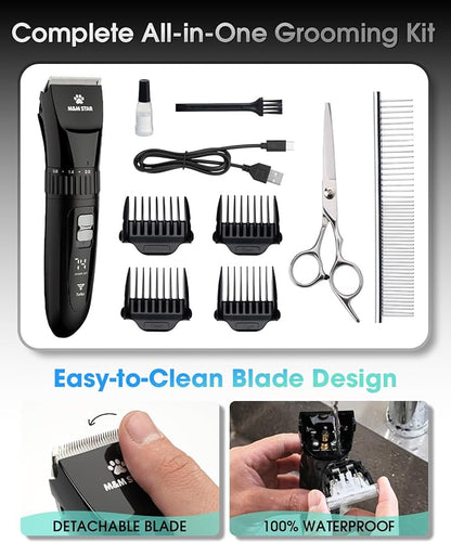 M&M STAR Dog Grooming Kit, Low Noise Dog Clippers, 2-Speed IPX7 Waterproof, Rechargeable Cordless Pet Hair Clippers Trimmer Shaver with LED Display for Small Large Dogs Cats, Black