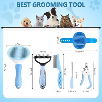 Dog Brush Dog Grooming Kit 6PCS Dog Brush for Shedding-Dog Brushes for Grooming, Dematting Comb for Dogs, Cat Nail Clipper with Nail File, Flea Comb, Bath Brush(Blue)