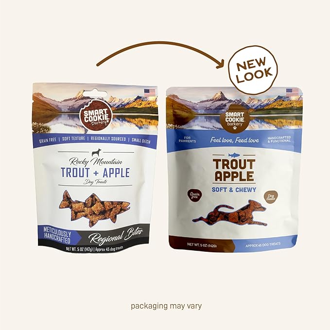 Smart Cookie All Natural Dog Treats - Trout & Apple - Training Treats for Dogs with Allergies, Sensitive Stomachs - Soft Dog Treats, Grain Free, Chewy, Human-Grade, Made in USA - 5oz, Pack of 3